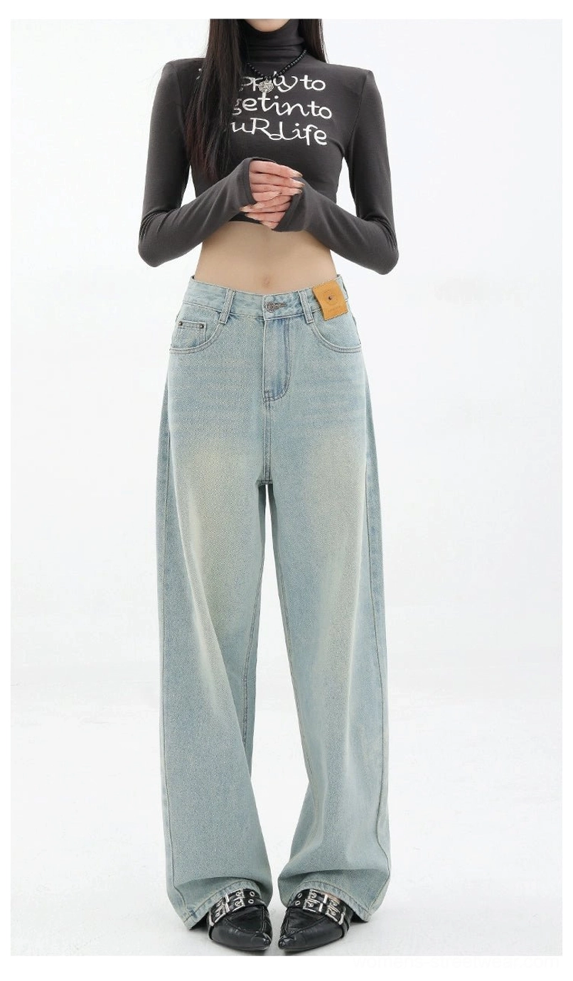 Vintage wash high-waist loose straight-leg floor-length jeans loose denim silhouette image