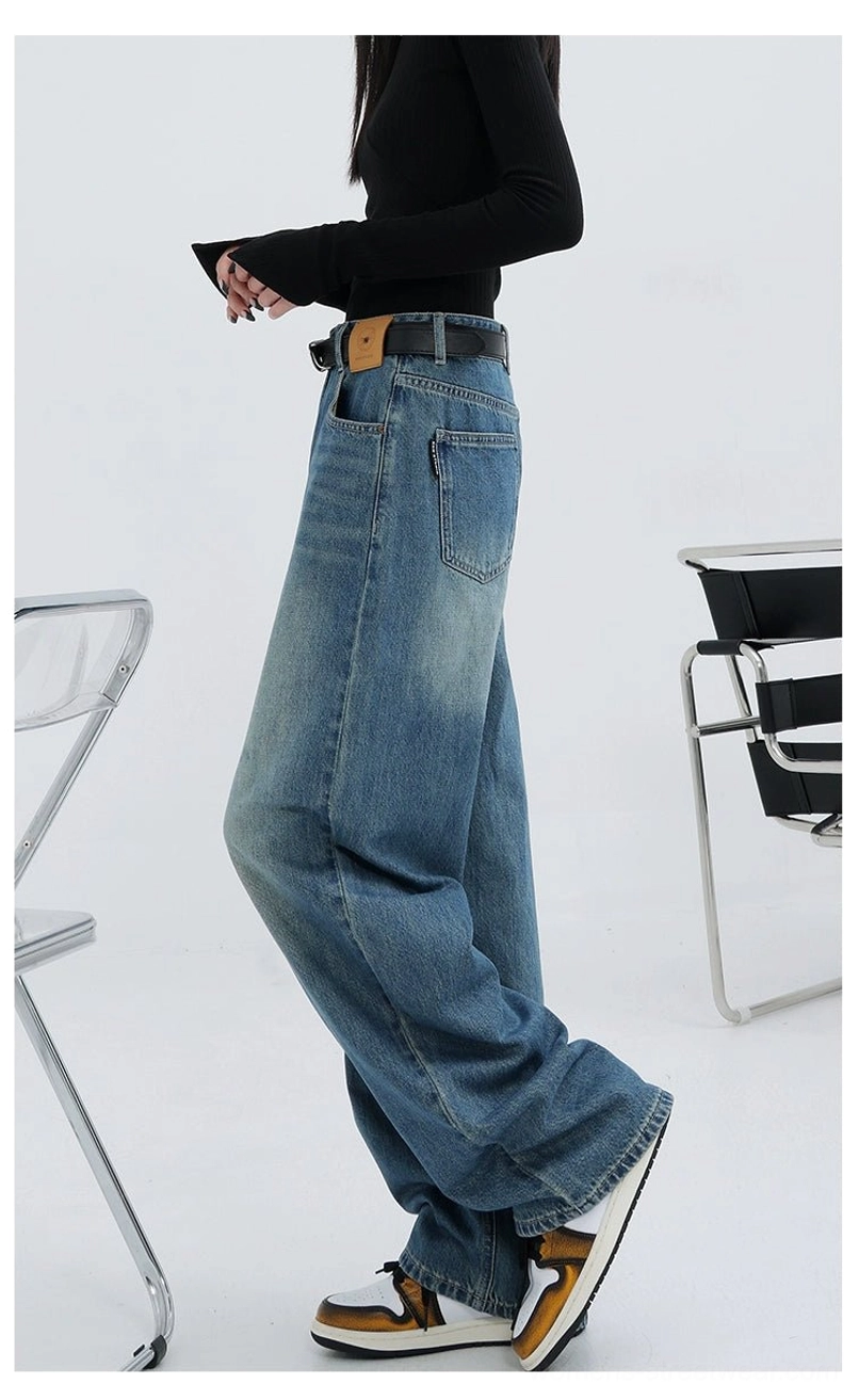 Vintage wash high-waist loose straight-leg floor-length jeans loose fit streetwear image