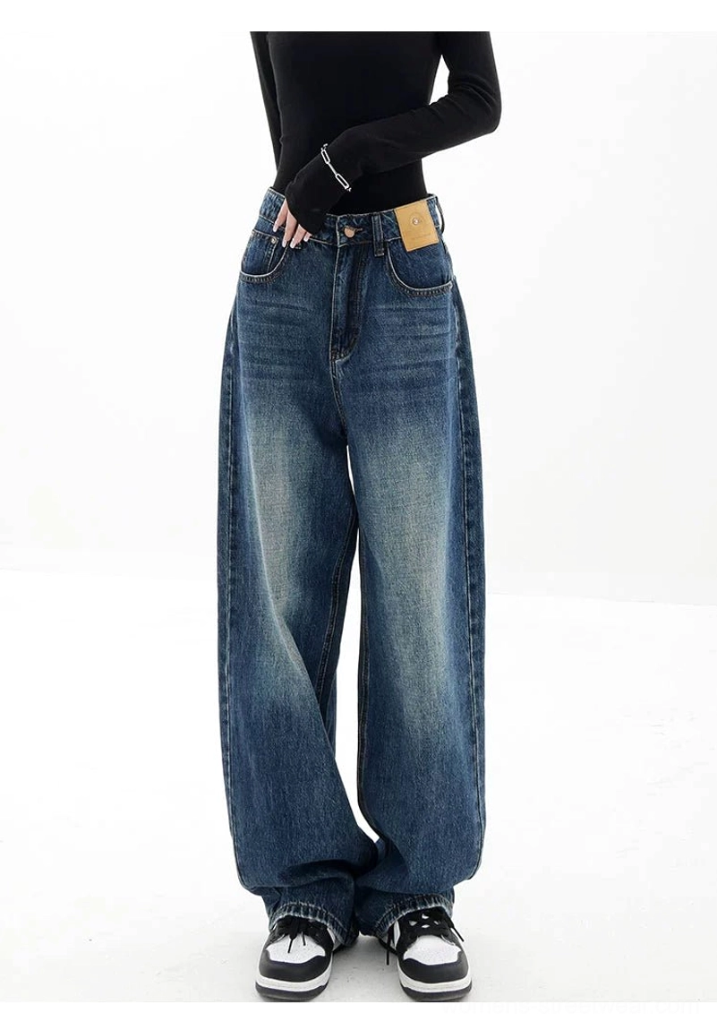 Vintage wash high-waist loose straight-leg floor-length jeans loose streetwear fit image
