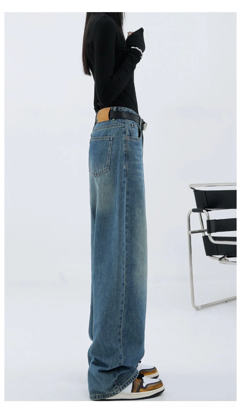Vintage wash high-waist loose straight-leg floor-length jeans modern wide-leg denim image