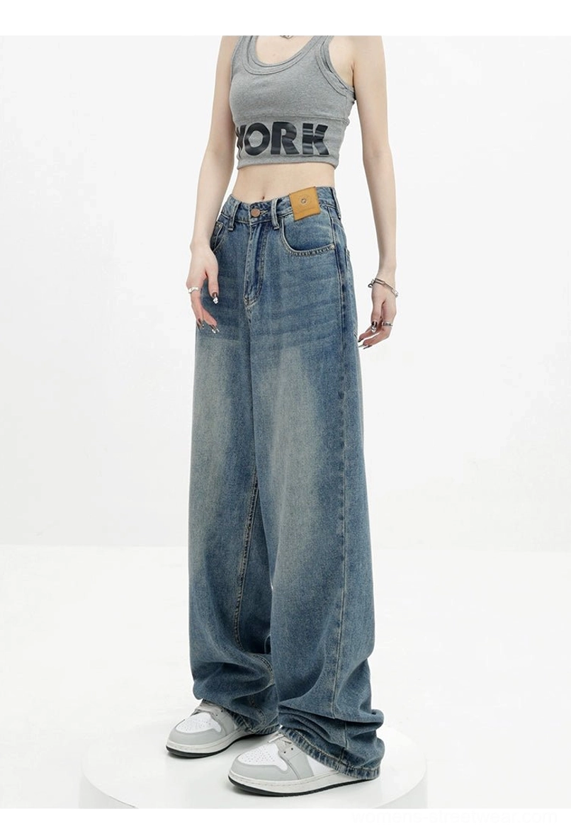 Vintage wash high-waist loose straight-leg floor-length jeans relaxed fit product image
