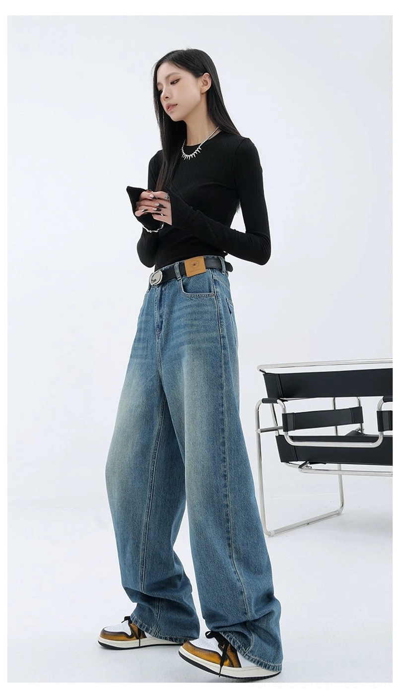 Vintage wash high-waist loose straight-leg floor-length jeans relaxed streetwear outfit image
