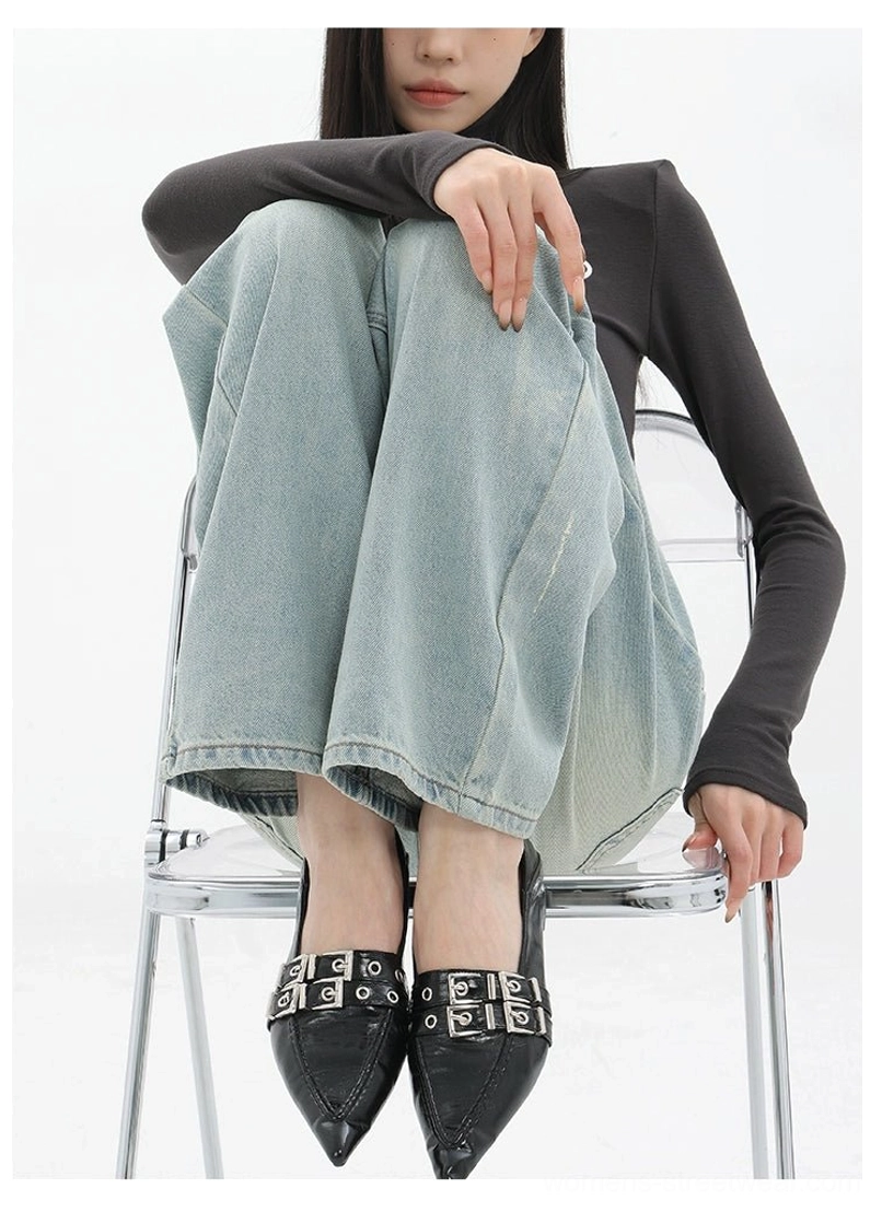 Vintage wash high-waist loose straight-leg floor-length jeans relaxed silhouette product image