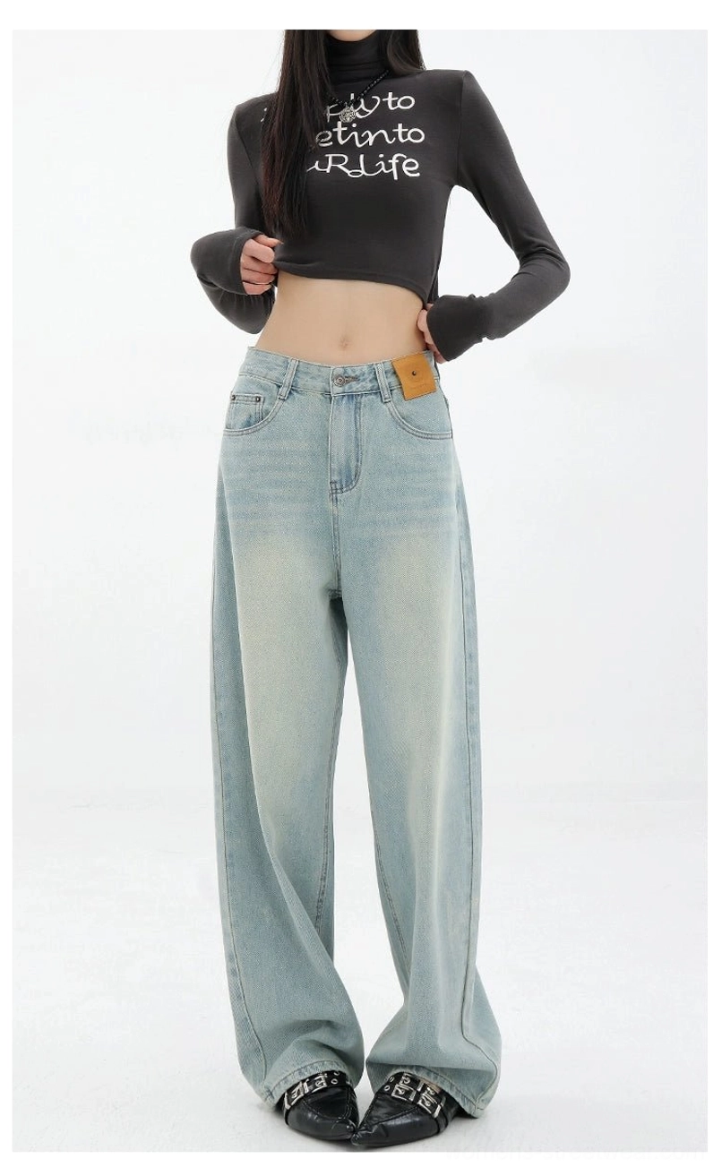 Vintage wash high-waist loose straight-leg floor-length jeans casual Seoul fashion image