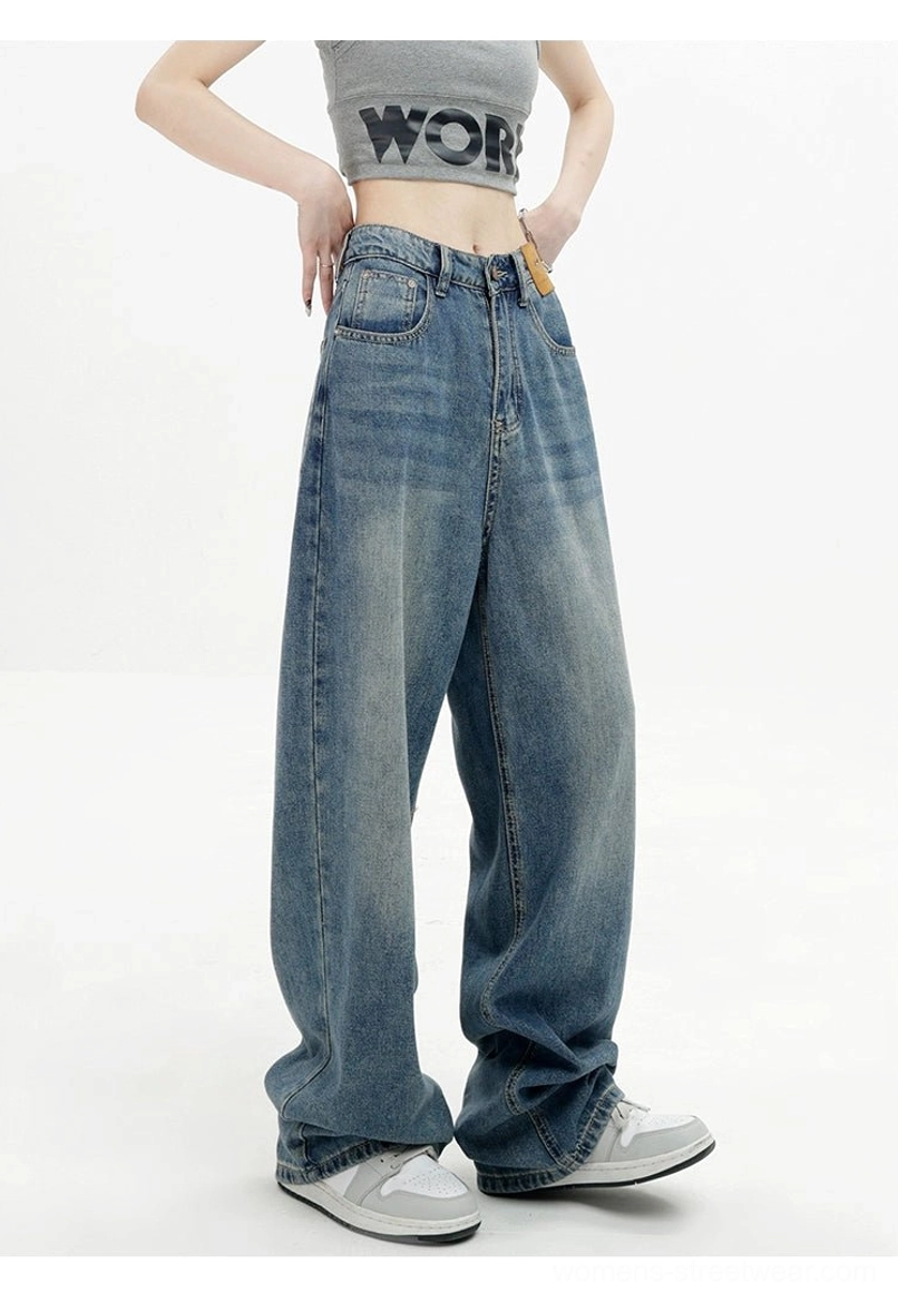 Vintage wash high-waist loose straight-leg floor-length jeans side back view showing long leg drape