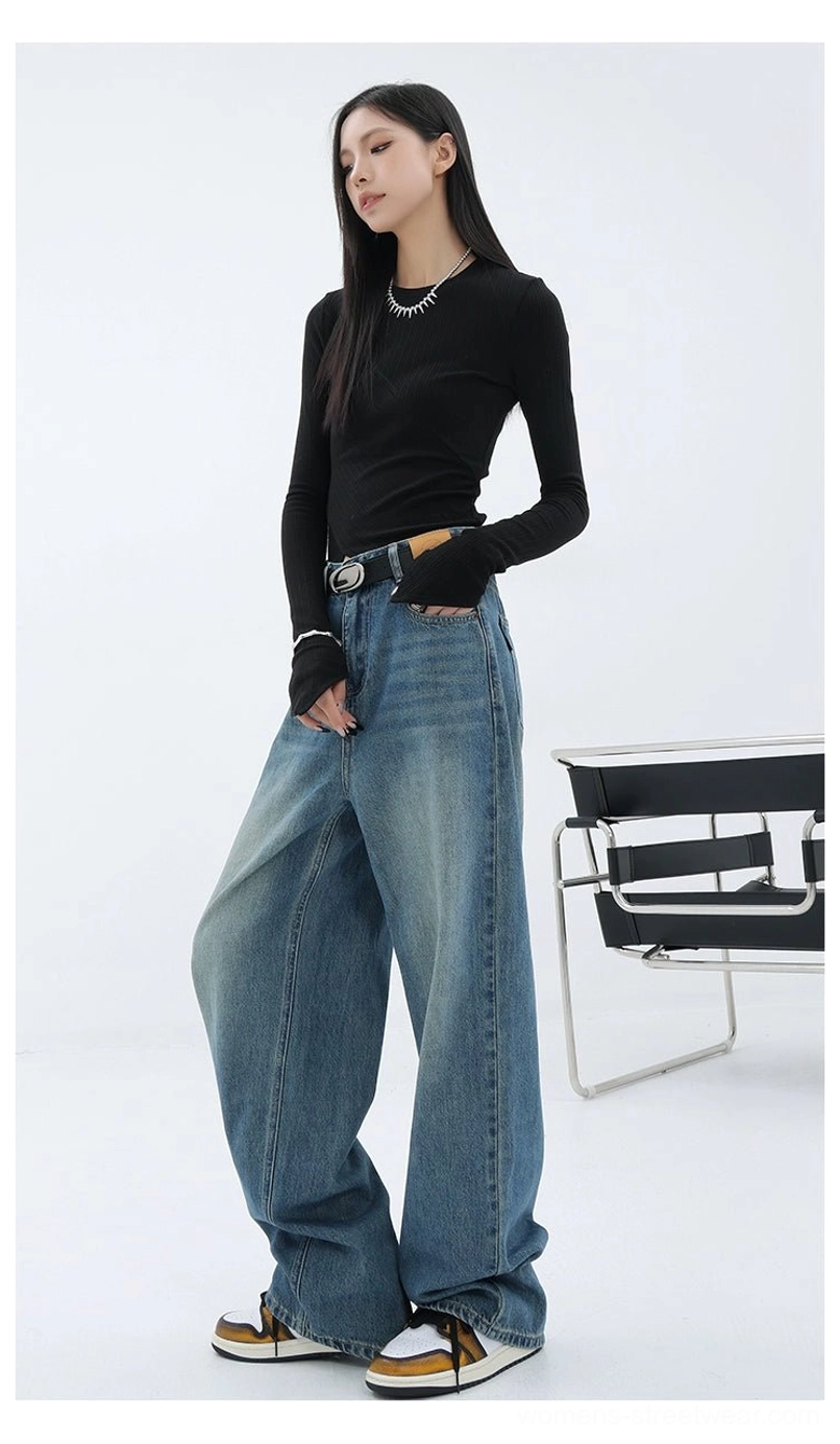 Vintage wash high-waist loose straight-leg floor-length jeans street style product image