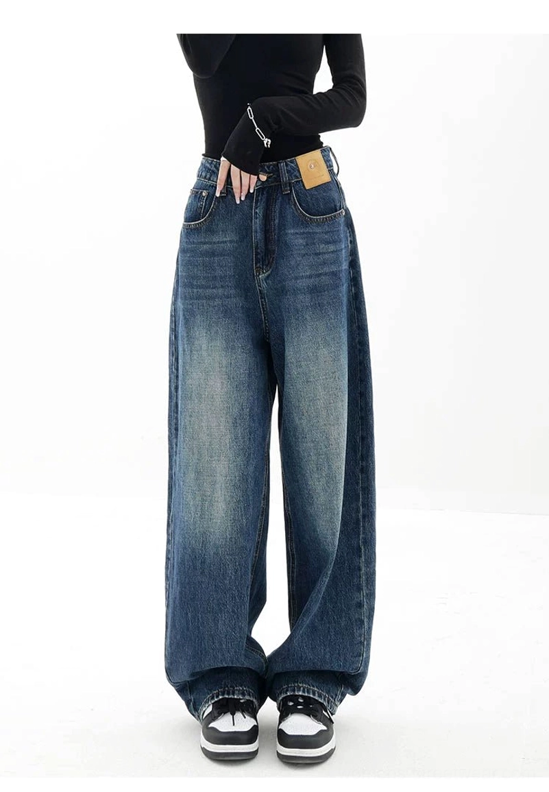 Vintage wash high-waist loose straight-leg floor-length jeans streetwear fashion product image