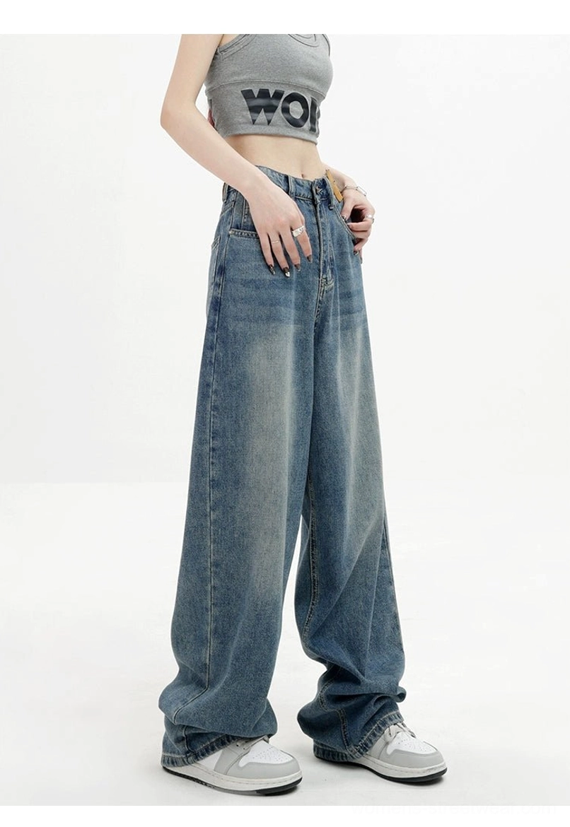 Vintage wash high-waist loose straight-leg floor-length jeans streetwear product view