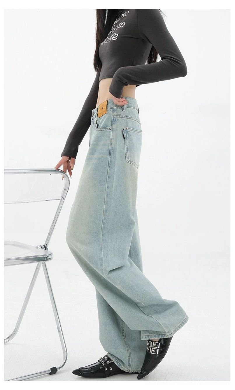 Vintage wash high-waist loose straight-leg floor-length jeans urban denim outfit image