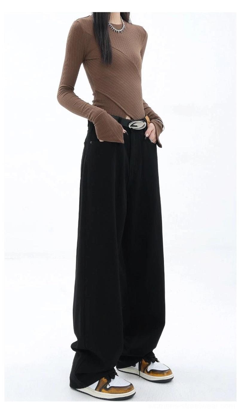 Vintage wash high-waist loose straight-leg floor-length jeans versatile street style image