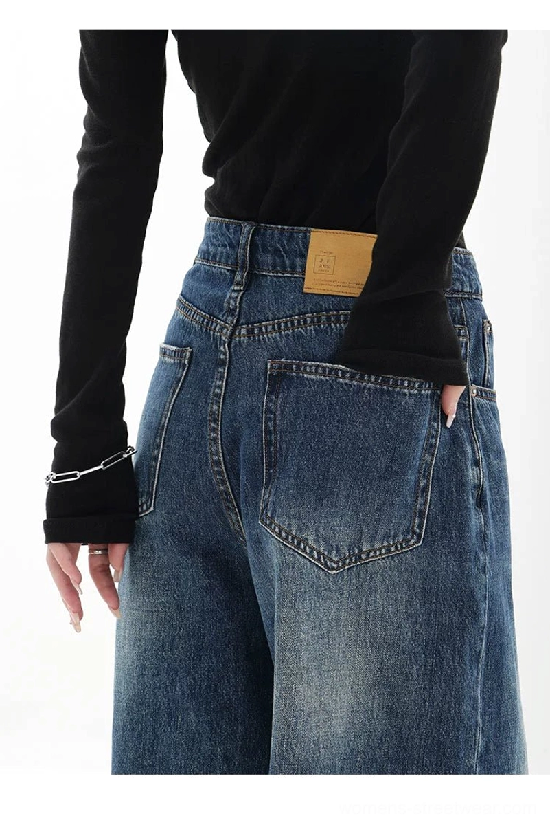 Vintage wash high-waist loose straight-leg floor-length jeans vintage wash style image