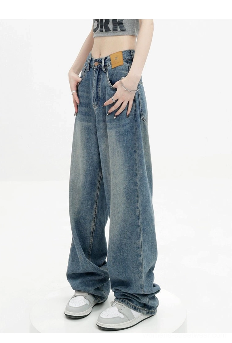 Vintage wash high-waist loose straight-leg floor-length jeans long wide-leg denim view