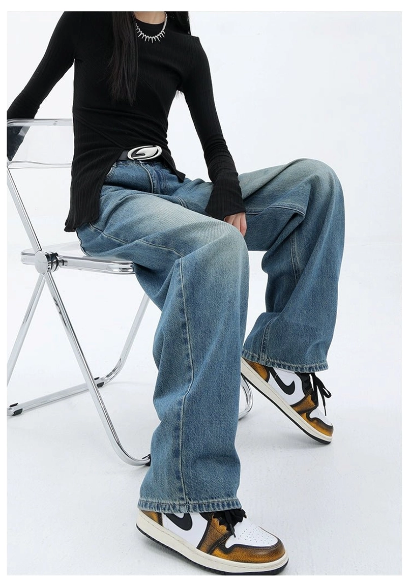 Vintage wash high-waist loose straight-leg floor-length jeans women streetwear product view