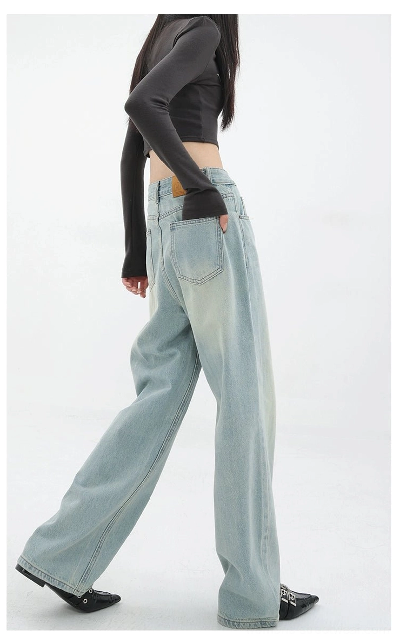 Vintage wash high-waist loose straight-leg floor-length jeans women vintage denim image