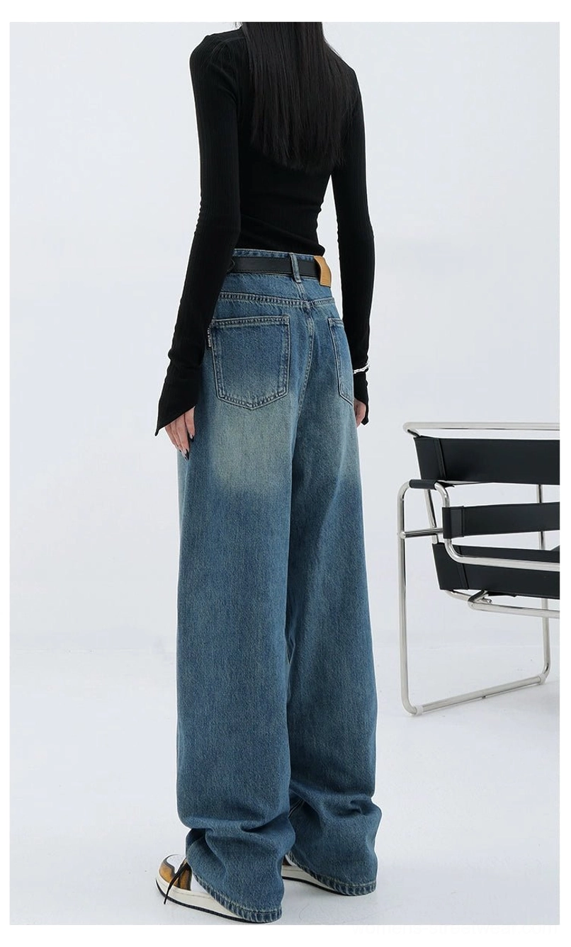 Vintage wash high-waist loose straight-leg floor-length jeans Y2K inspired denim fashion image