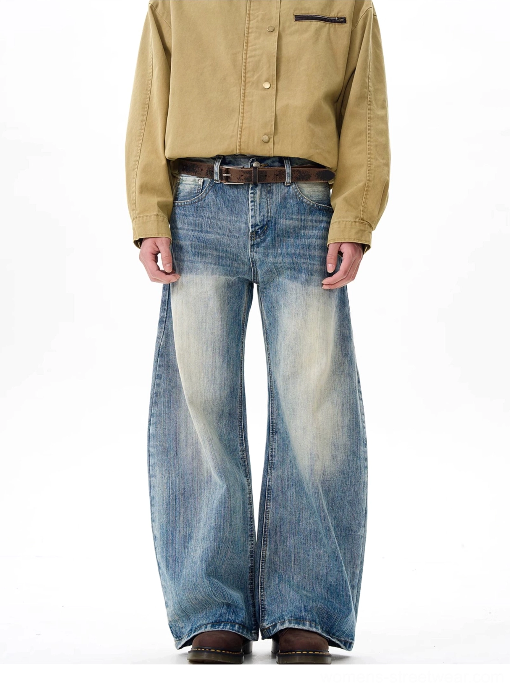 Vintage washed blue wide leg jeans front full length view with relaxed loose streetwear fit