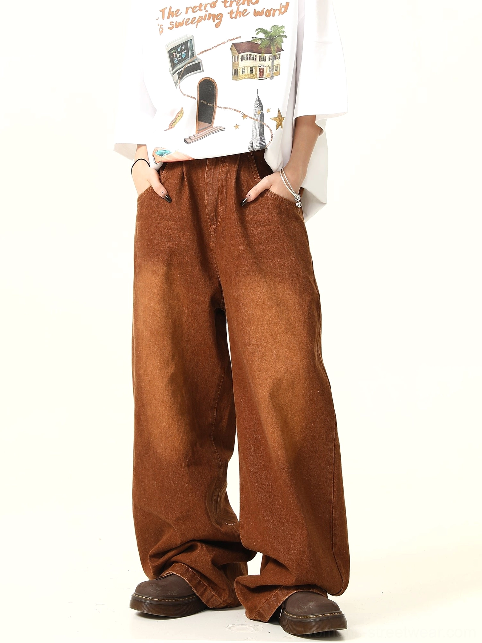 Front view of vintage washed brown wide leg jeans with roomy proportions and casual Korean streetwear styling