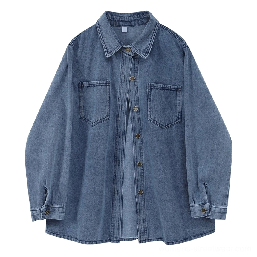 Vintage washed dark blue women's denim shirt jacket product image showing the relaxed loose fit and classic streetwear design