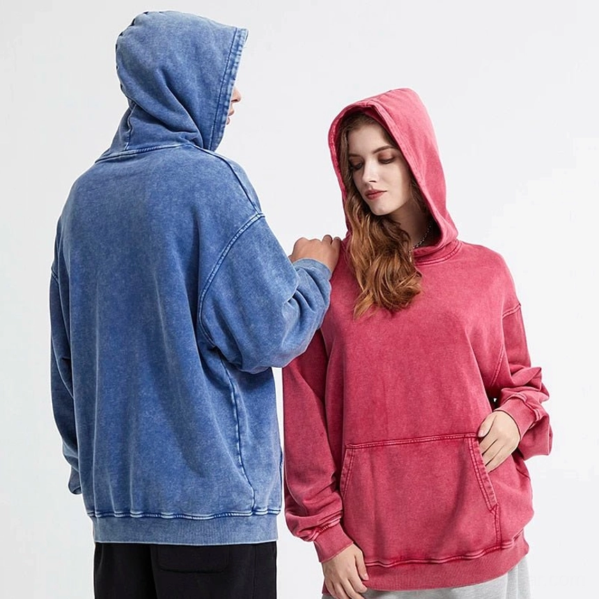 Blue vintage washed oversized hoodie back view and rose pink hoodie front view showing relaxed streetwear proportions