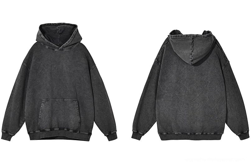 Dark gray vintage washed oversized hoodie with contrast stitching, drawstring hood, and faded streetwear finish