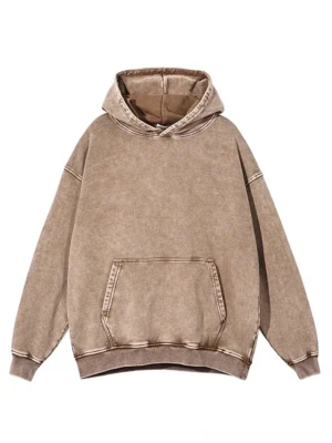 Tan brown vintage washed oversized hoodie front flat lay with drop shoulders, kangaroo pocket, drawstring hood, and ribbed cuffs