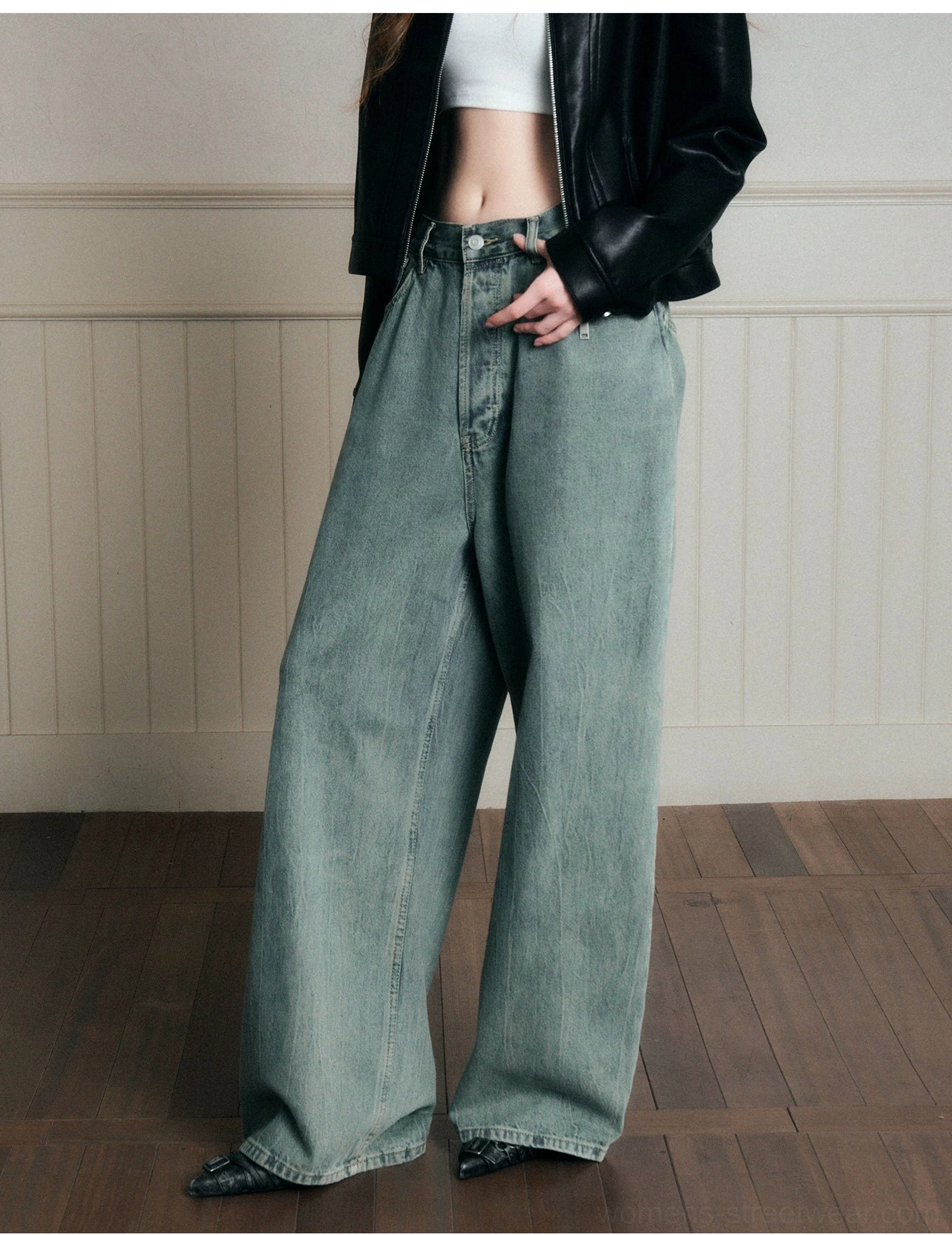 Vintage washed sage blue wide-leg jeans product image for Y2K streetwear and relaxed Korean fashion styling