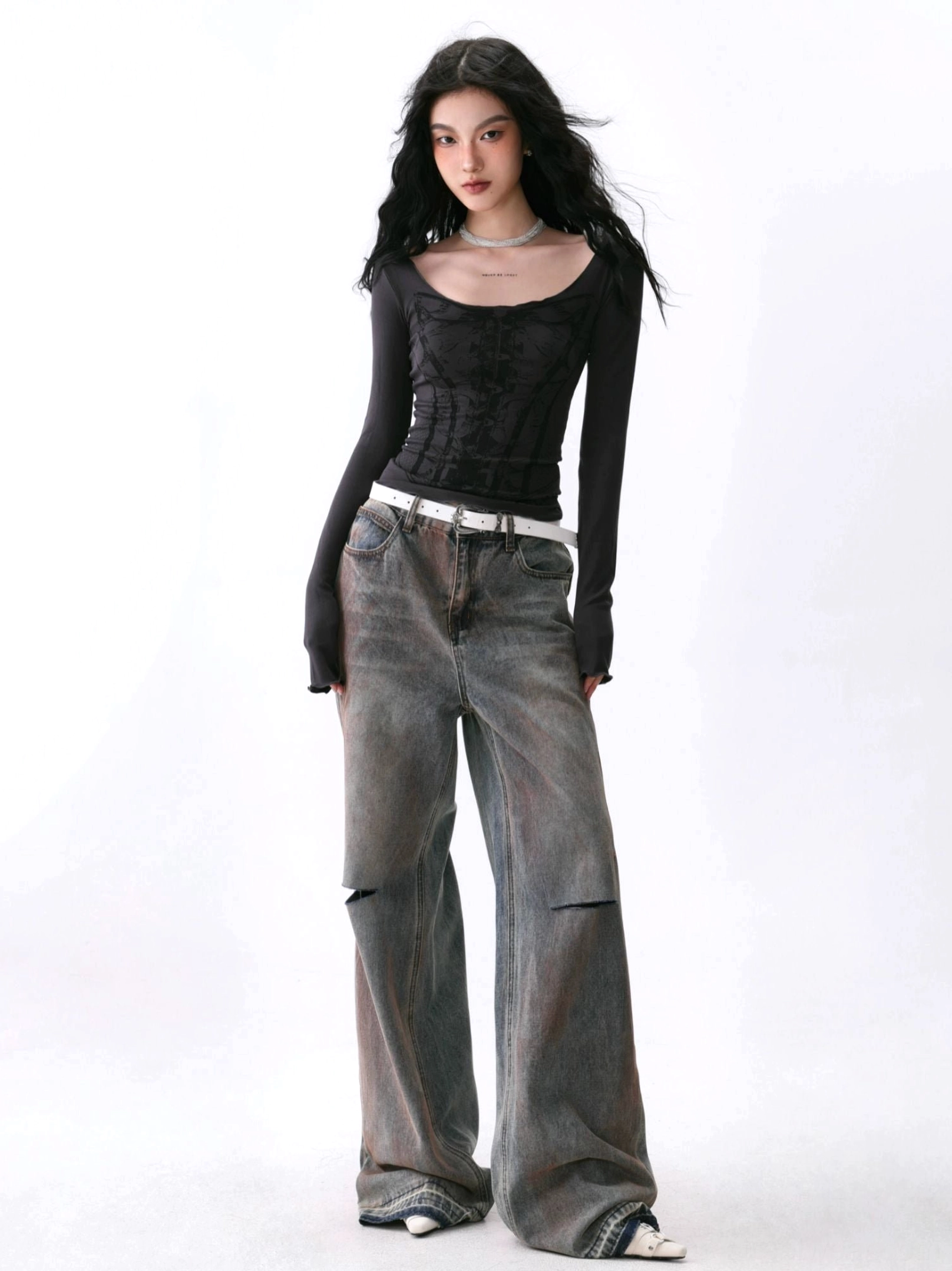 Vintage washed tie-dye corset print base layer with wide neckline for Acubi and Y2K fashion styling