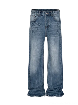 Front view of faded blue vintage washed wide-leg denim jeans with a relaxed baggy streetwear silhouette and raw frayed hems