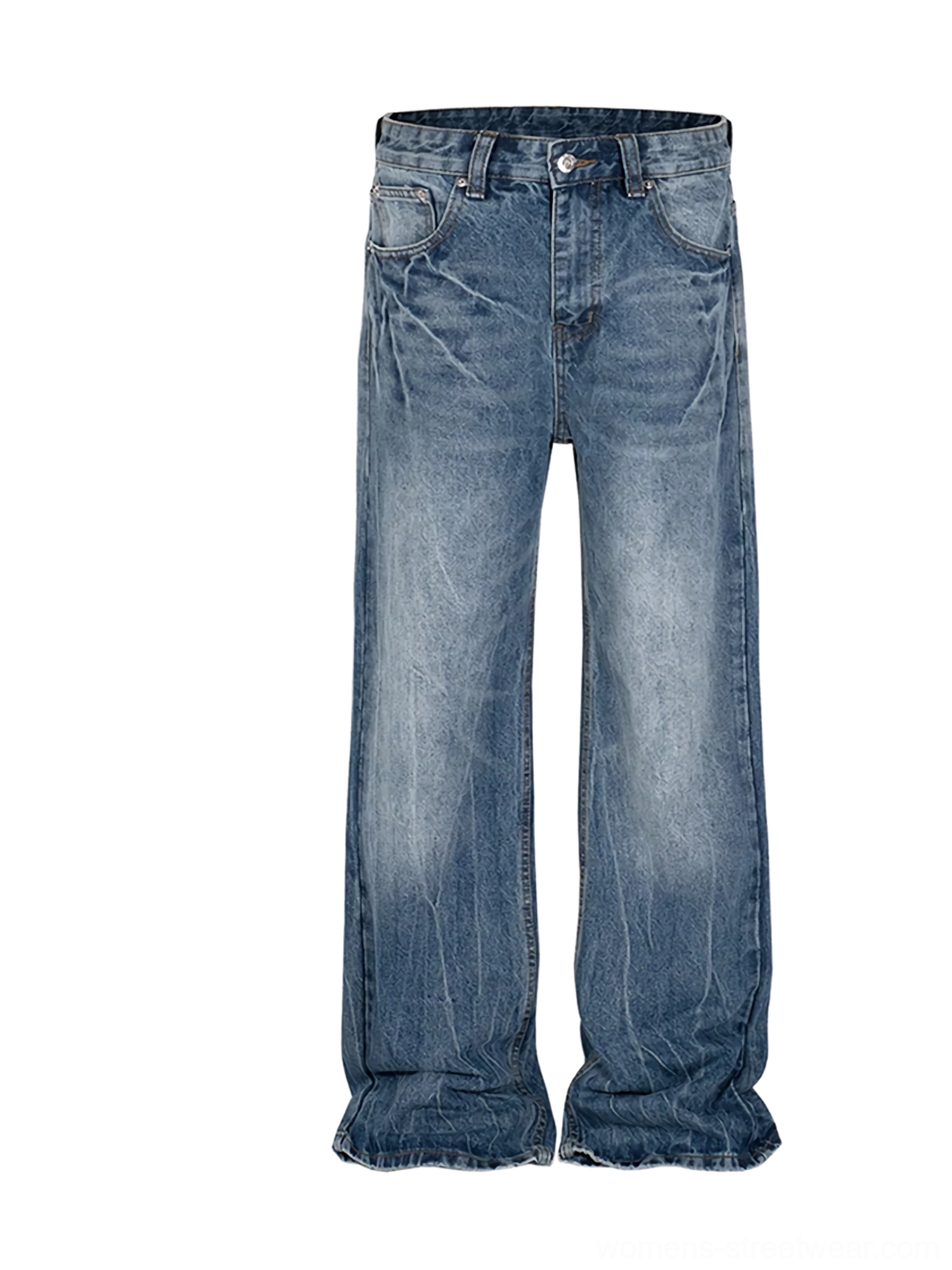 Front view of faded blue vintage washed wide-leg denim jeans with a relaxed baggy streetwear silhouette and raw frayed hems