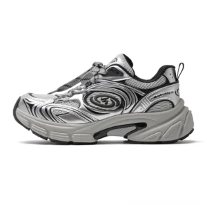 Vortex Orbit metallic silver and black chunky sneakers front three-quarter studio view showing lace-up closure and spiral side detail