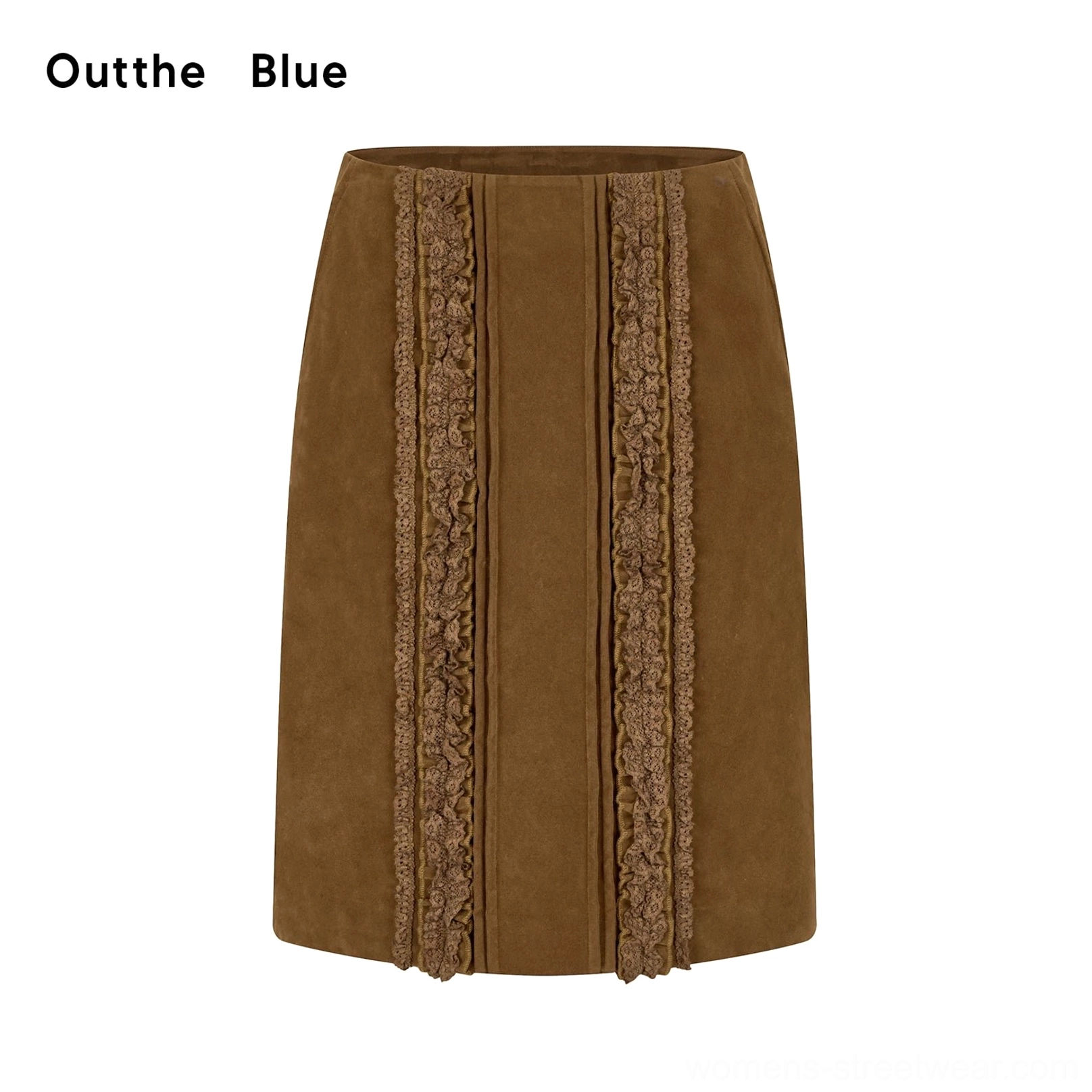 Flat lay product view of a warm brown corduroy midi skirt with vertical ruffled lace panels and vintage-inspired detailing