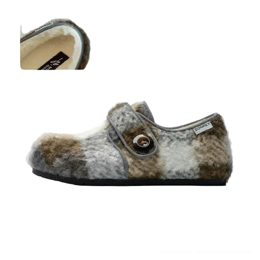 Warm tone plaid fleece Mary Jane slippers with plush checked upper, round button detail, closed rounded toe, and thick everyday outsole