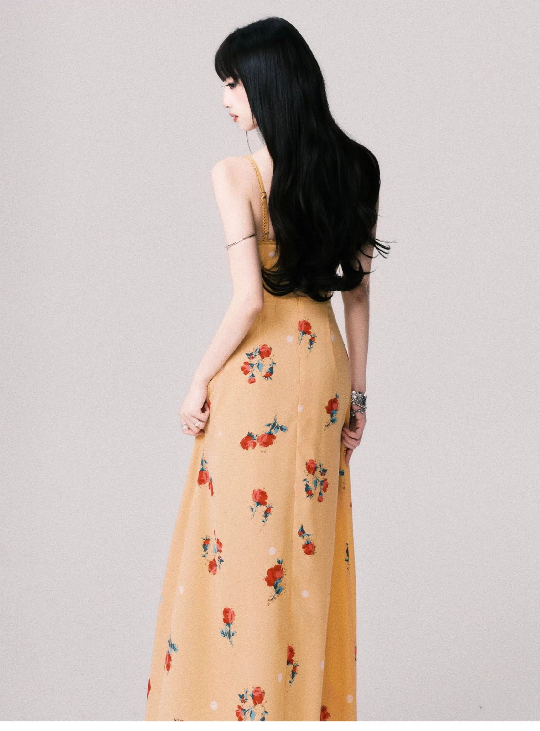 Warm yellow floral sweetheart maxi dress with Korean streetwear inspired floor length silhouette and delicate camisole straps