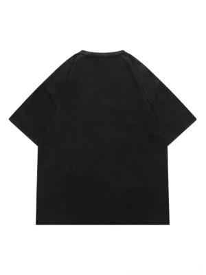 Back flat lay of plain washed black oversized drop shoulder graphic streetwear t-shirt with clean unprinted back