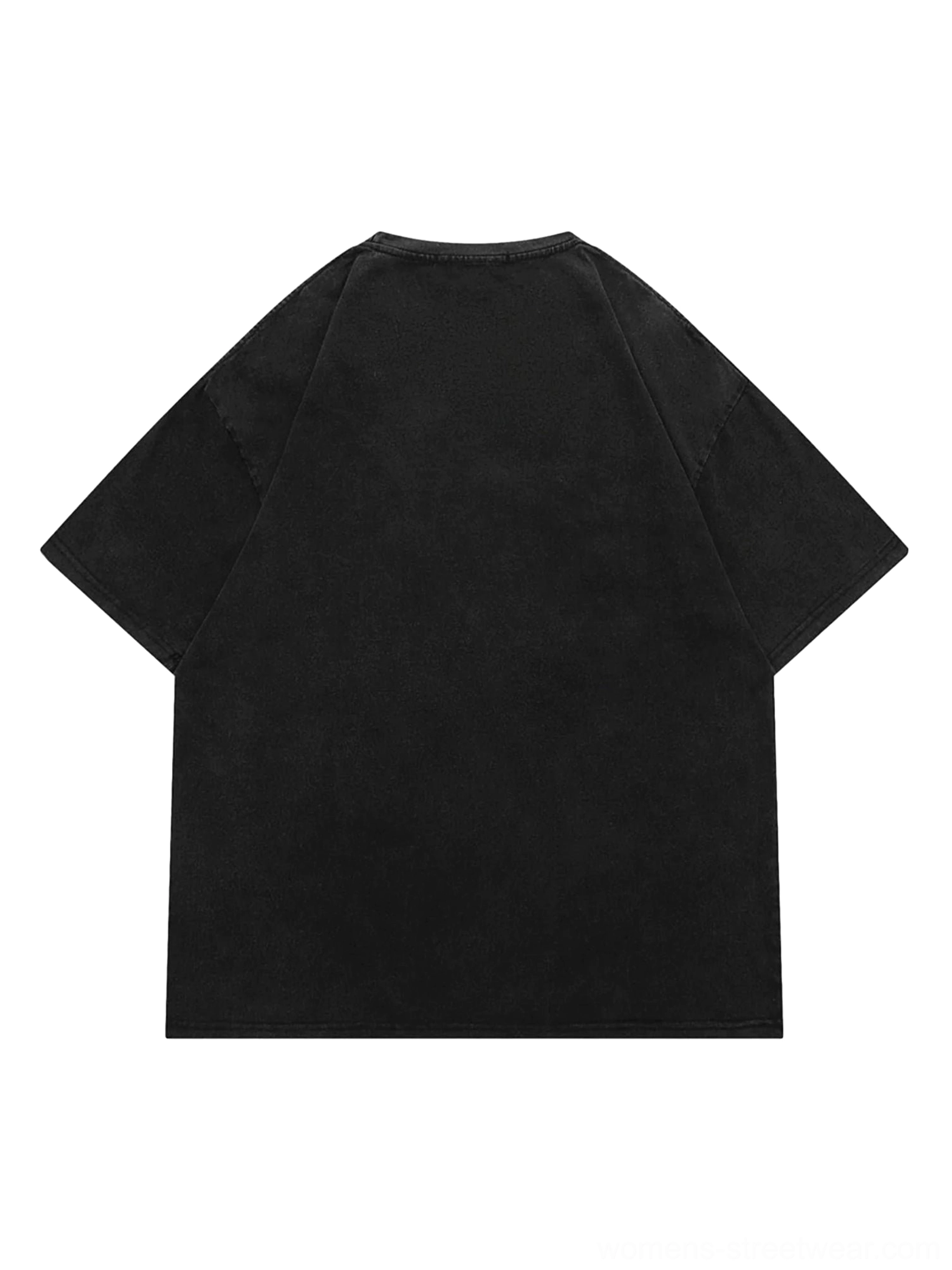 Back flat lay of plain washed black oversized drop shoulder graphic streetwear t-shirt with clean unprinted back