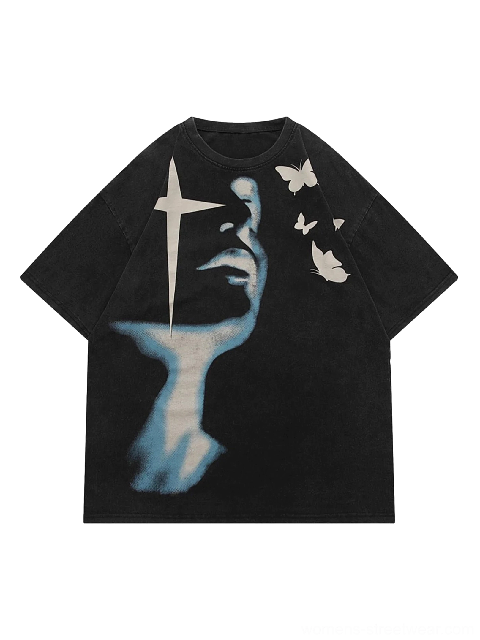 Front flat lay of washed black oversized abstract face art graphic streetwear t-shirt with white butterfly and celestial cross-star print
