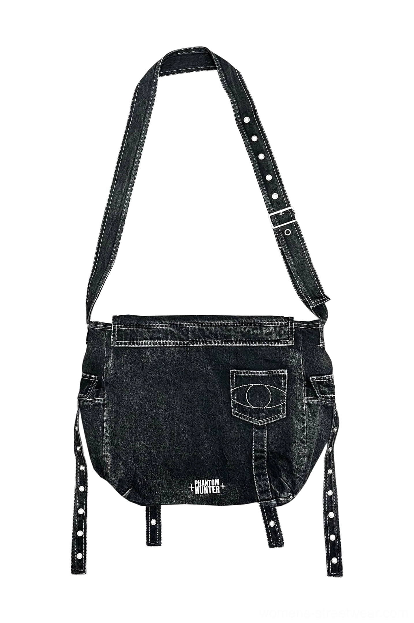 Back flat lay of faded black denim cyberpunk crossbody utility bag showing adjustable straps rear patch pocket and streetwear construction
