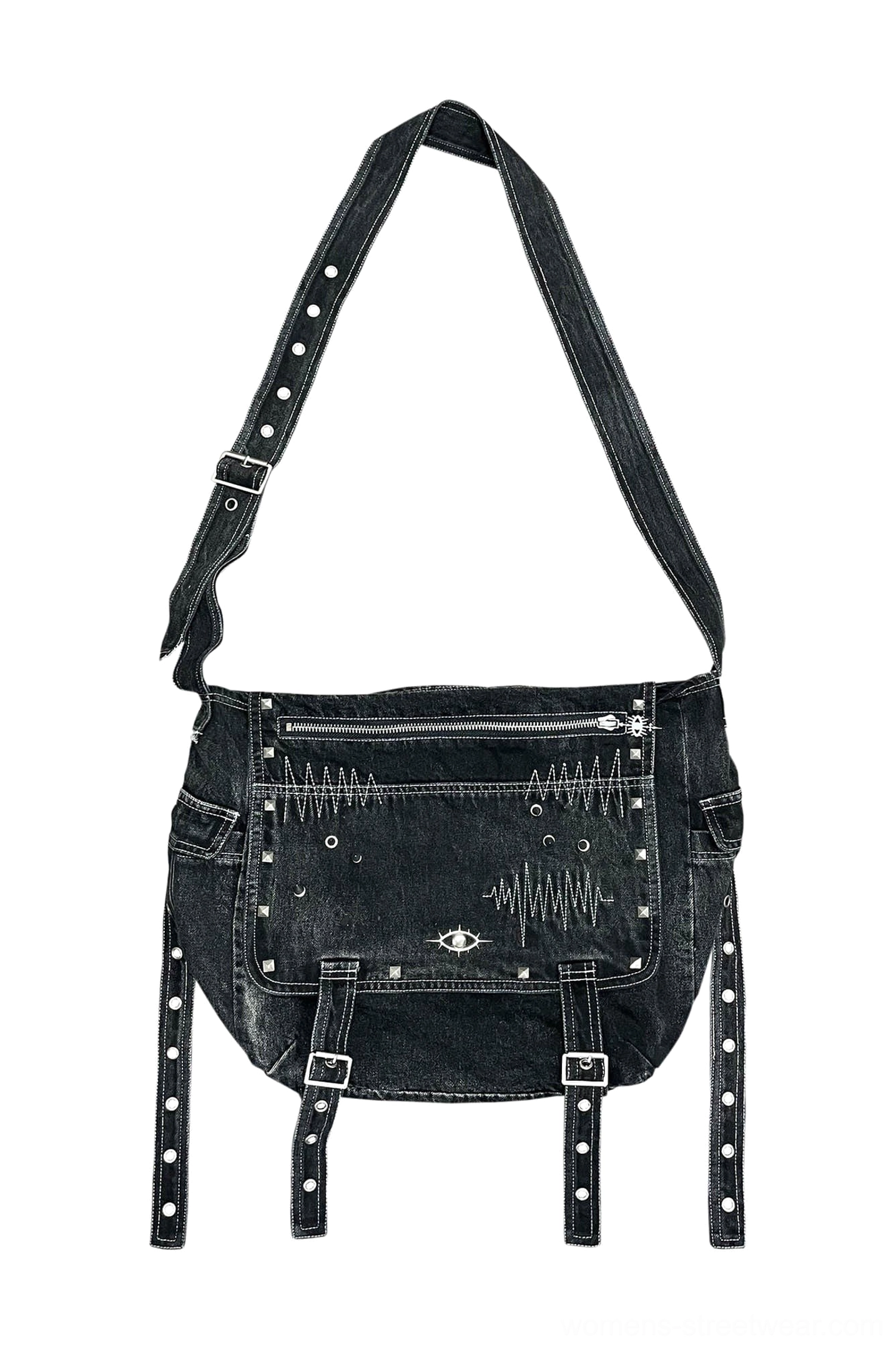 Front flat lay of washed black denim cyberpunk crossbody utility bag with adjustable shoulder strap buckle straps zippered flap and rivets