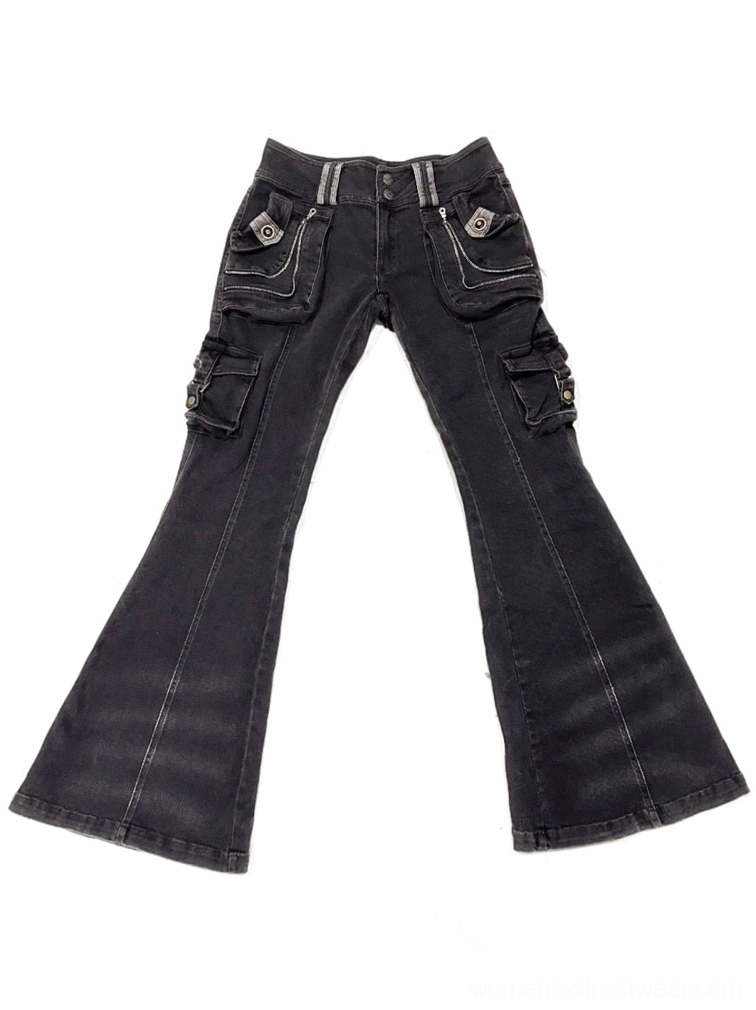 Washed black low-rise cargo flare jeans in a vintage Y2K streetwear silhouette with oversized utility pockets and dramatic wide hems