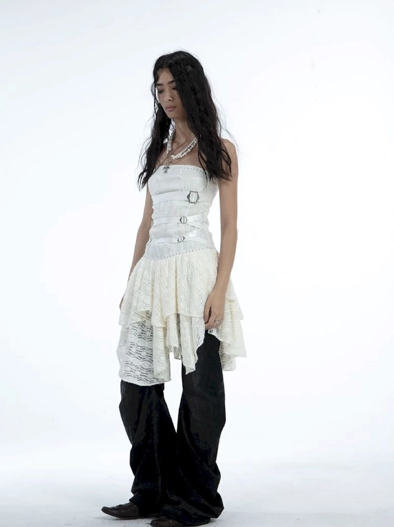 Washed black statement button-fly flare jeans for women in alternative Korean streetwear style