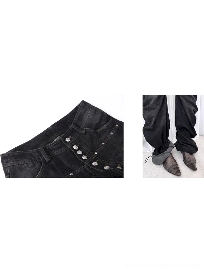 Y2K washed black multi-button flare denim jeans for women Korean streetwear product view