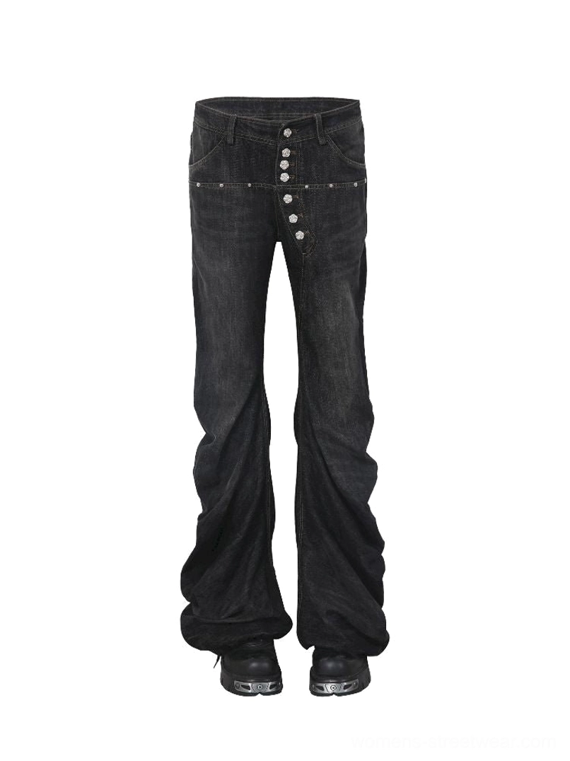 Washed black multi-button low-rise flare jeans women’s main product image with dramatic flared leg