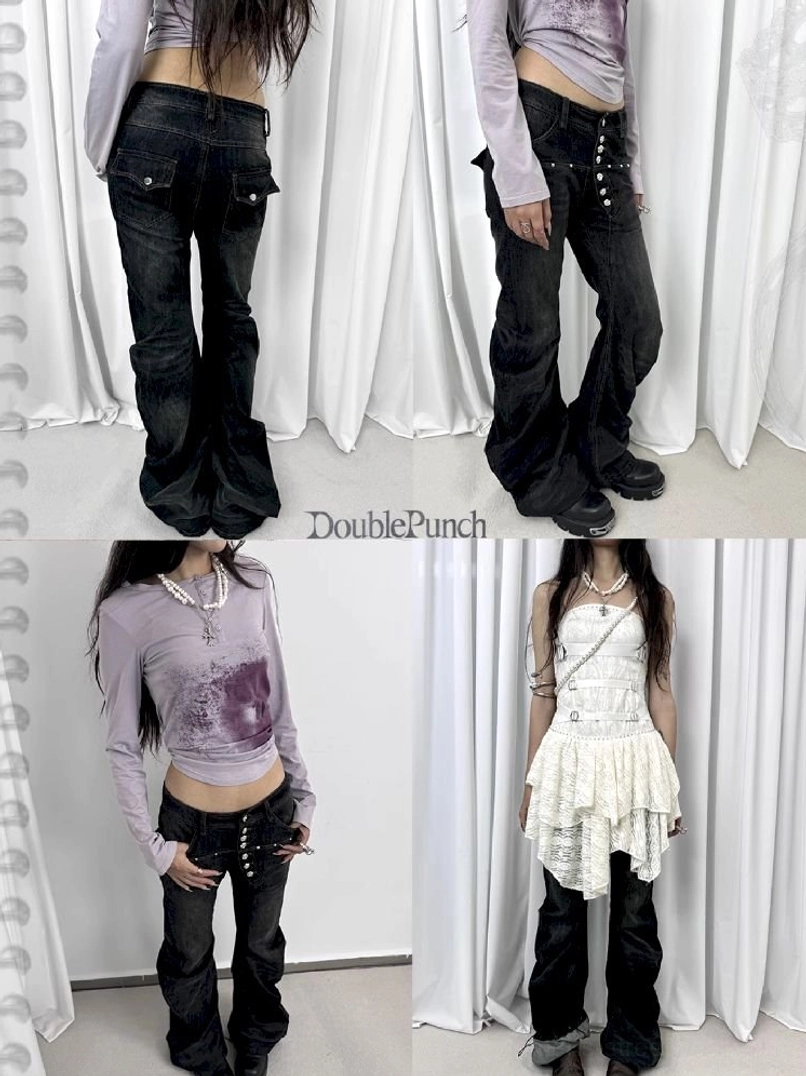 Washed black multi-button low-rise flare jeans women’s Y2K denim fashion product view