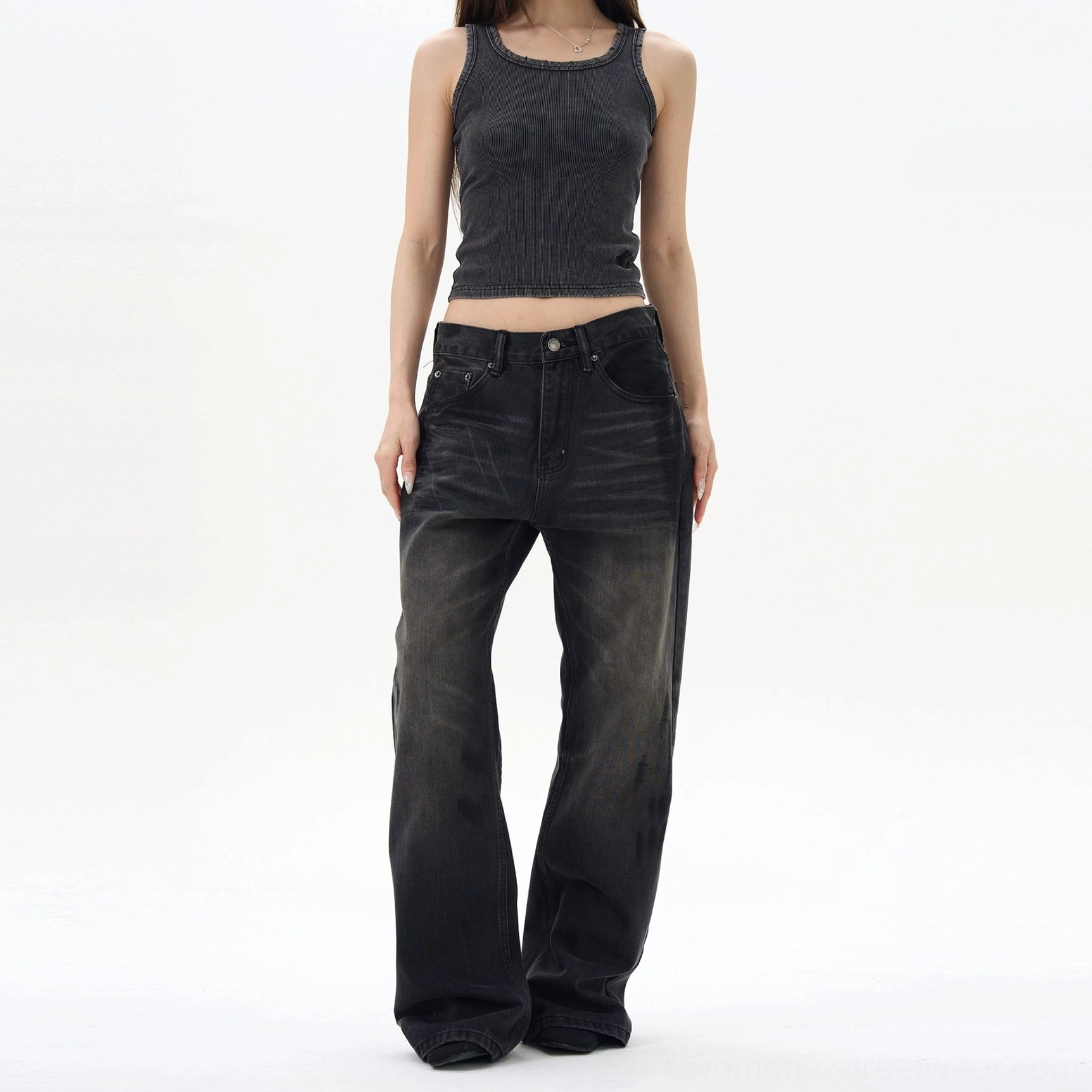 Washed black straight loose jeans product image showing the relaxed streetwear fit, vintage faded finish, and versatile black denim styling