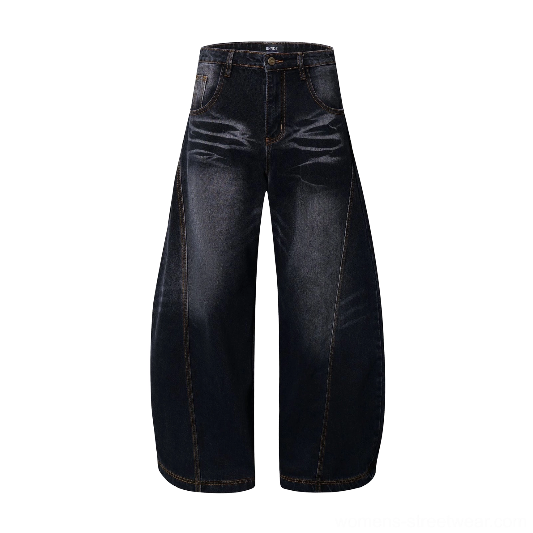 Flat lay view of washed black ultra-wide flare jeans showing tiger stripe fading, classic waistband, five pockets, and contrast seams