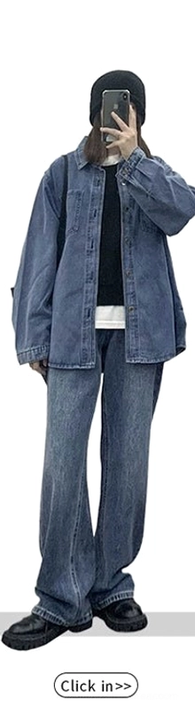 Women's washed blue denim shirt jacket styled with wide-leg denim jeans, black inner top, beanie, and crossbody bag