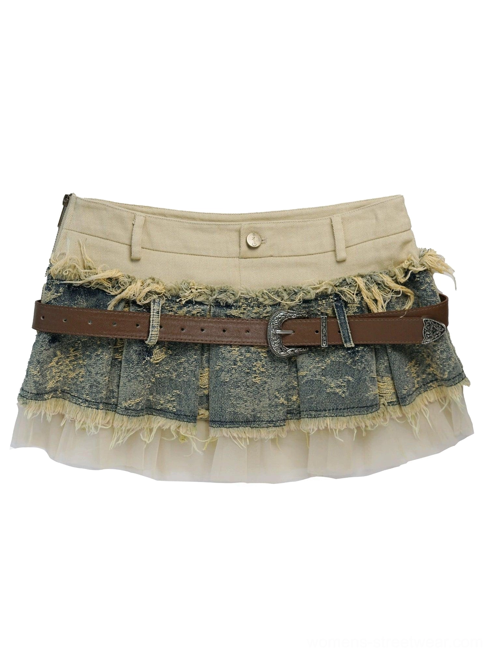 Washed blue distressed layered denim mini skirt with brown belt, frayed patchwork detailing, sheer tulle hem, and Korean street fashion styling