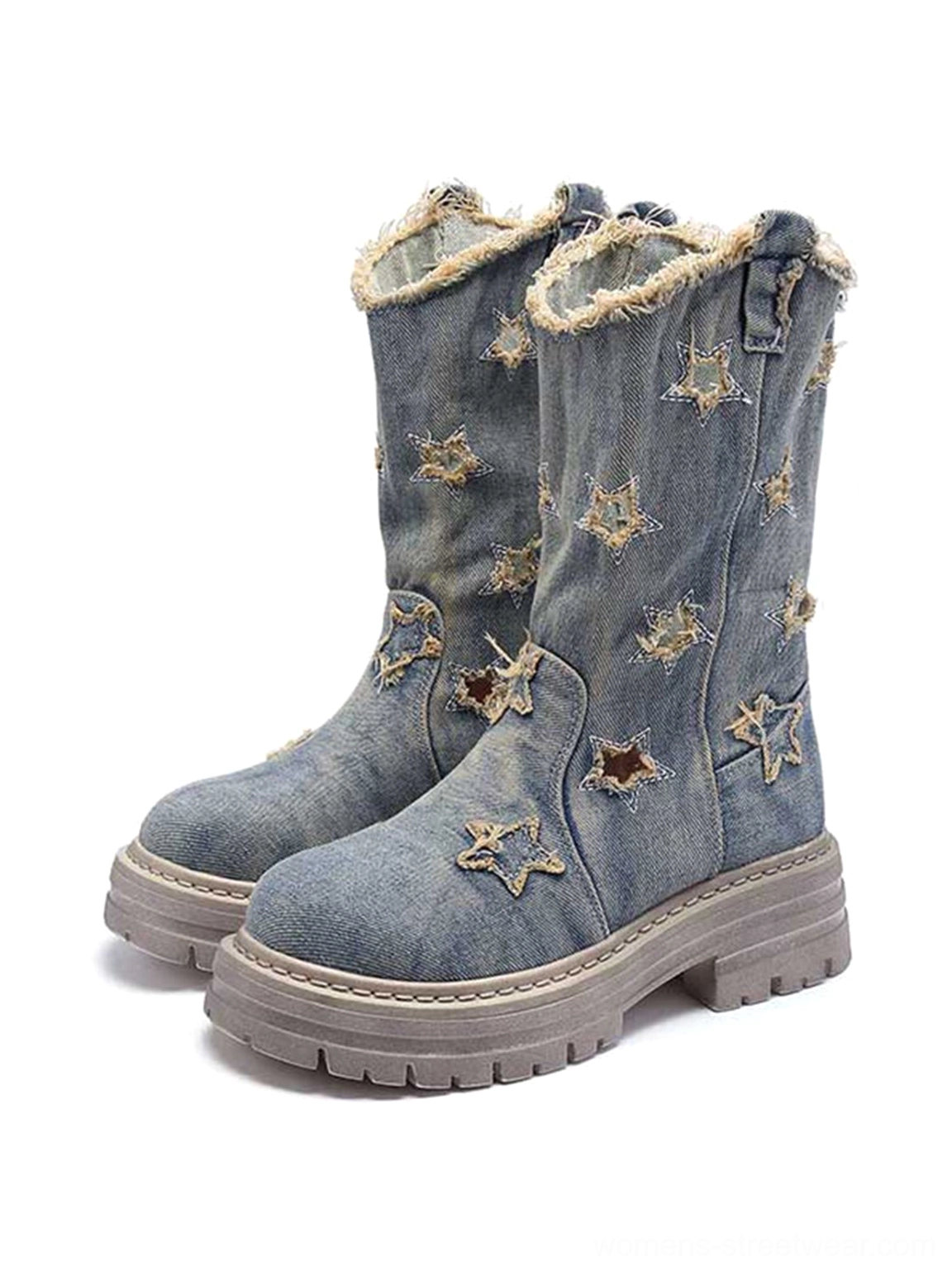 Front view of washed blue denim star cutout platform boots with rear pull tabs, frayed shaft edges, and thick gray lug sole