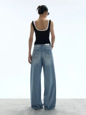 Back view of washed blue wide-leg jeans showing the relaxed fit and classic five-pocket denim construction