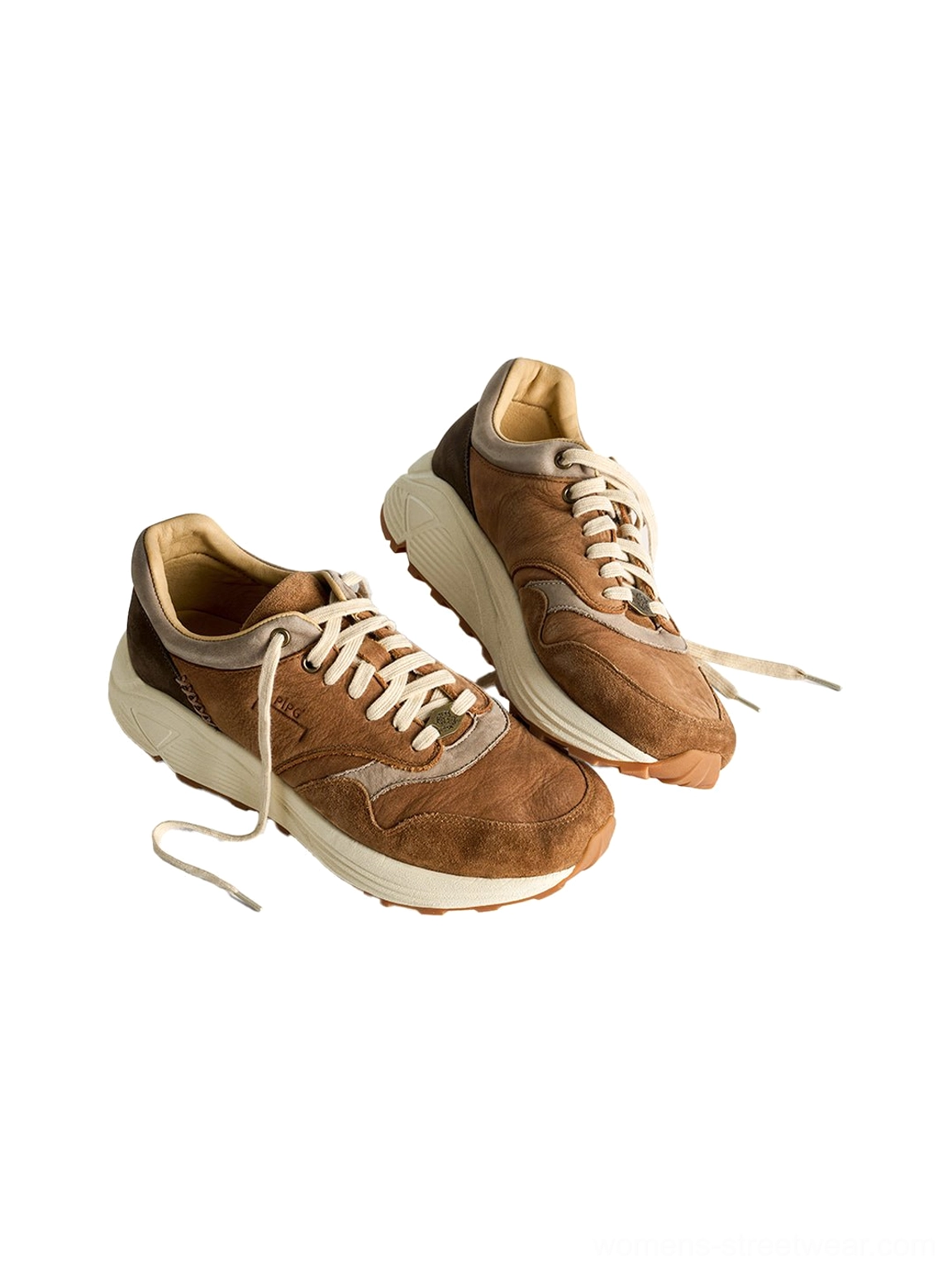 Washed brown low top trail runners with rounded toe flat lacing and vintage inspired layered upper